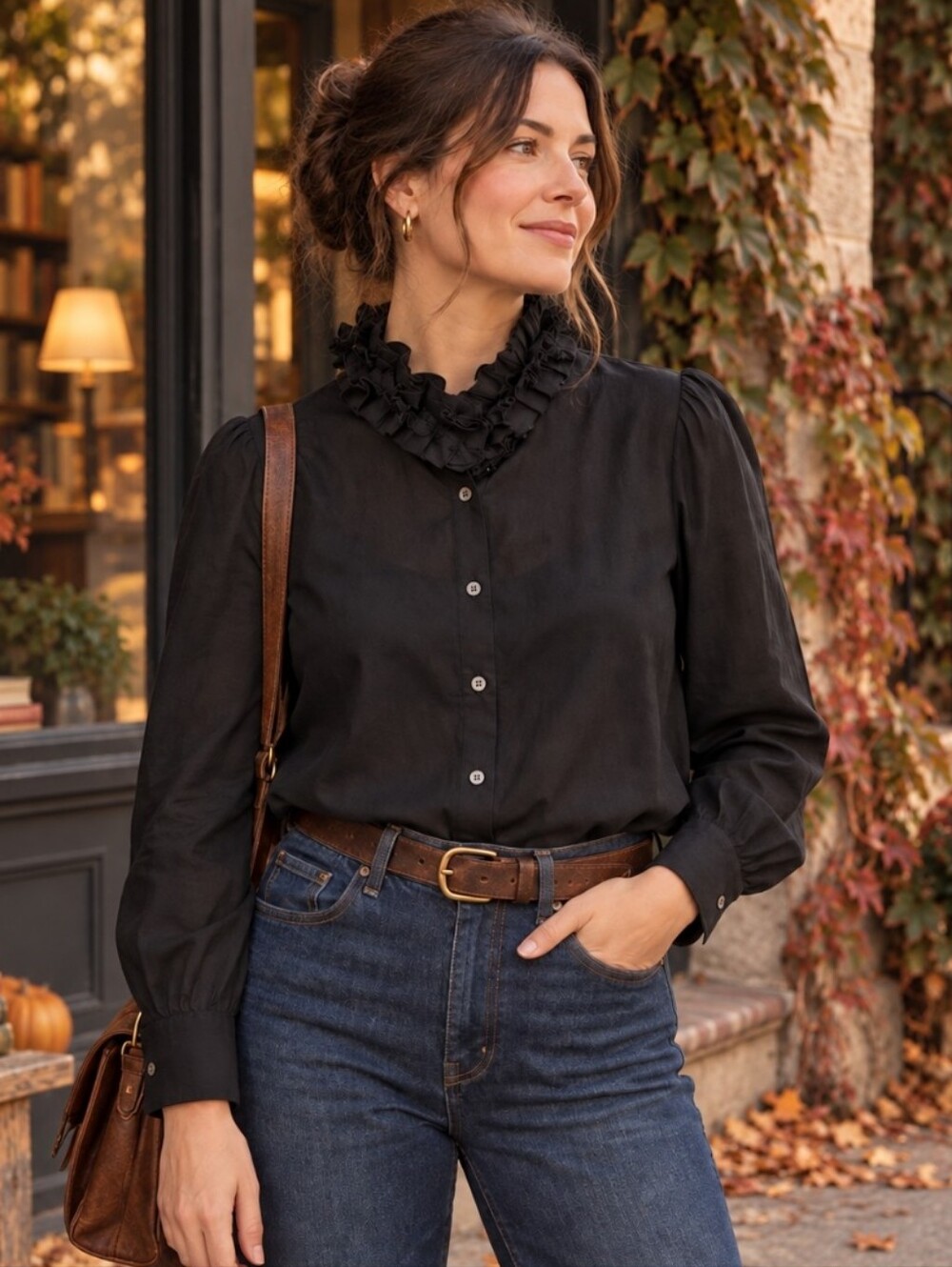 J.Crew Vintage 2006 Black Ruffle Collar Cotton Blouse Sz S Victorian